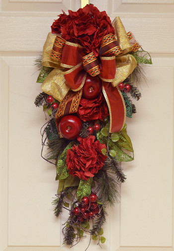 Red Hydrangea Christmas Door Swag with Designer Bow 