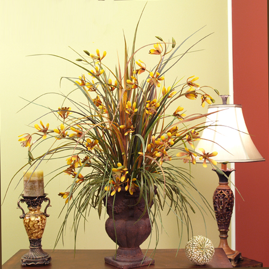 Golden Dendrobium Silk Orchids and Grasses
