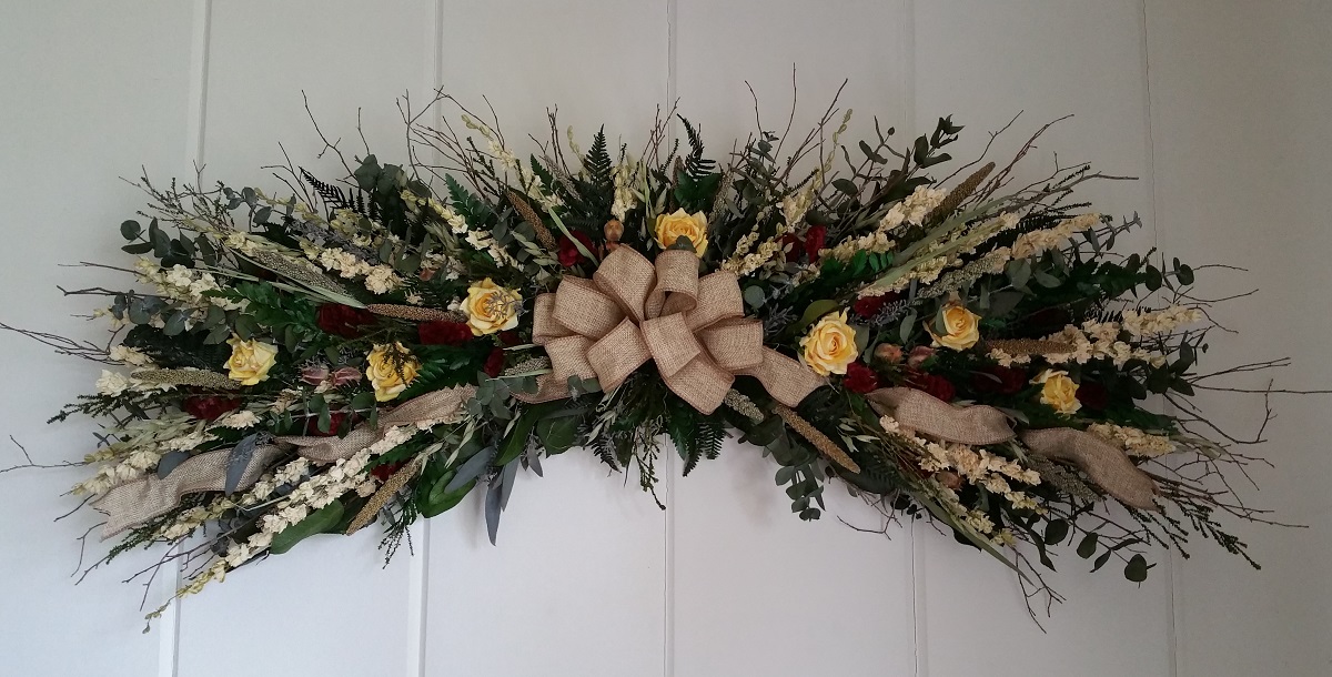 Dried flower arrangement Country Meadow Rose Swag with burlap ribbon